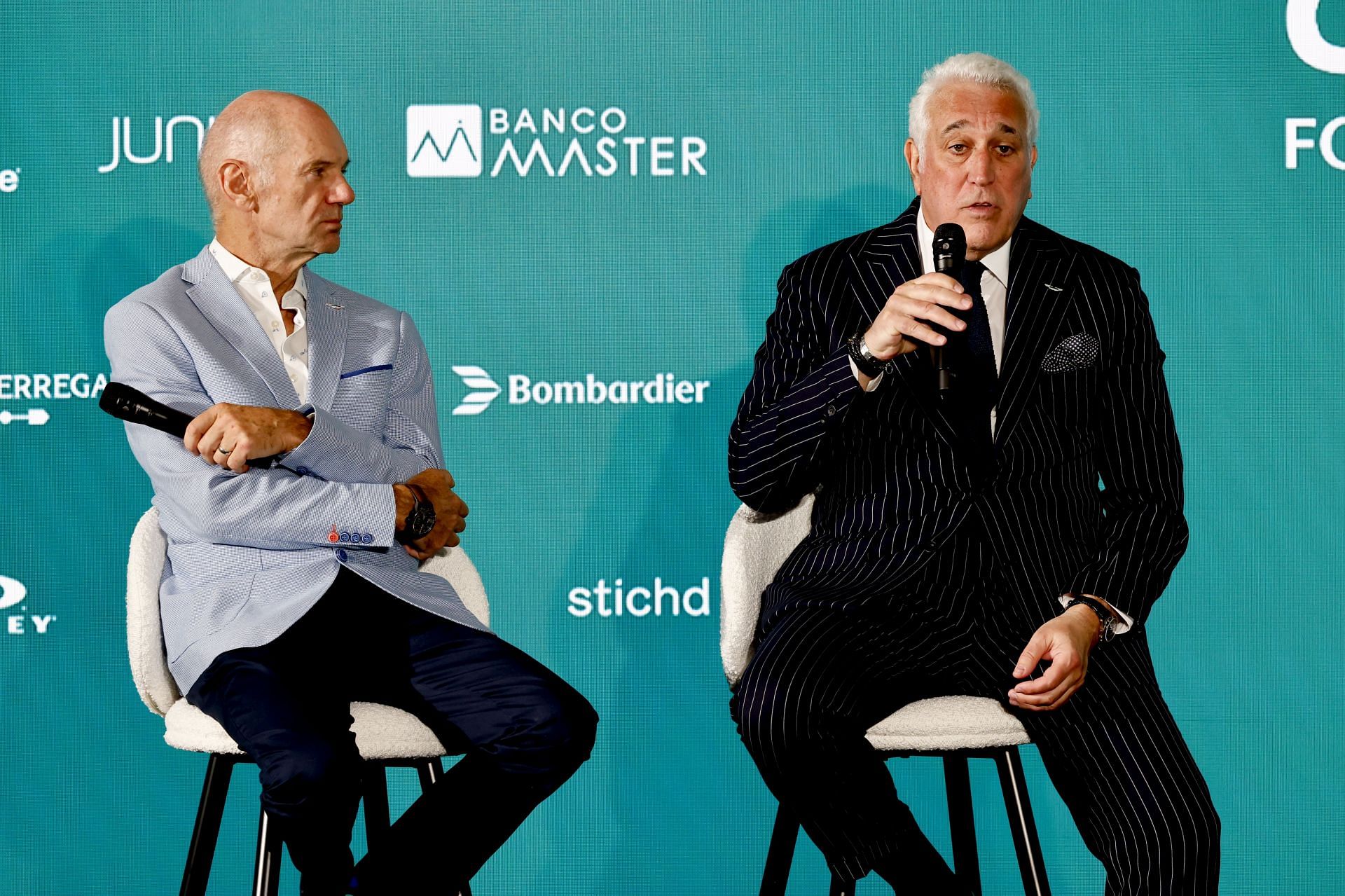 Adrian Newey and Lawrence Stroll, Owner, Aston Martin F1 Team, on stage at a press conference at Aston Martin Headquarters - Source: Getty